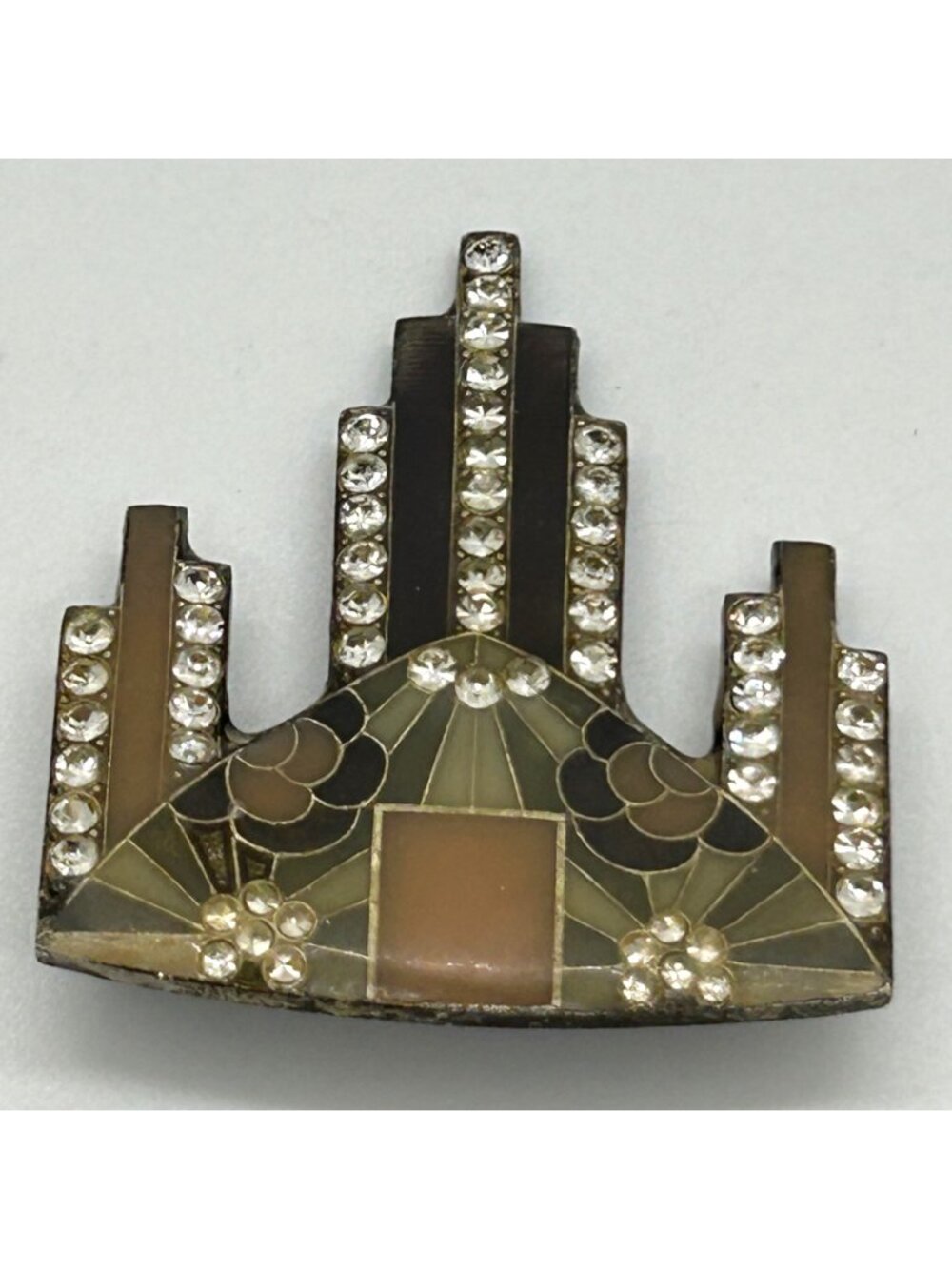 Vintage Art Deco Revival Brooch Enamel Rhinestone French Trombone Clasp